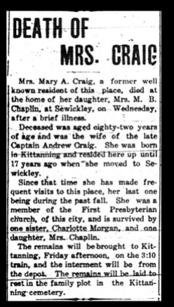 Obituary for Mary Anne Craig, wife of Capt Andrew Craig.